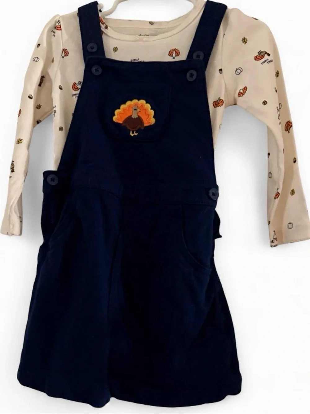 Kids Navy Corduroy Overall Dress with Beige Turkey Print Onesie